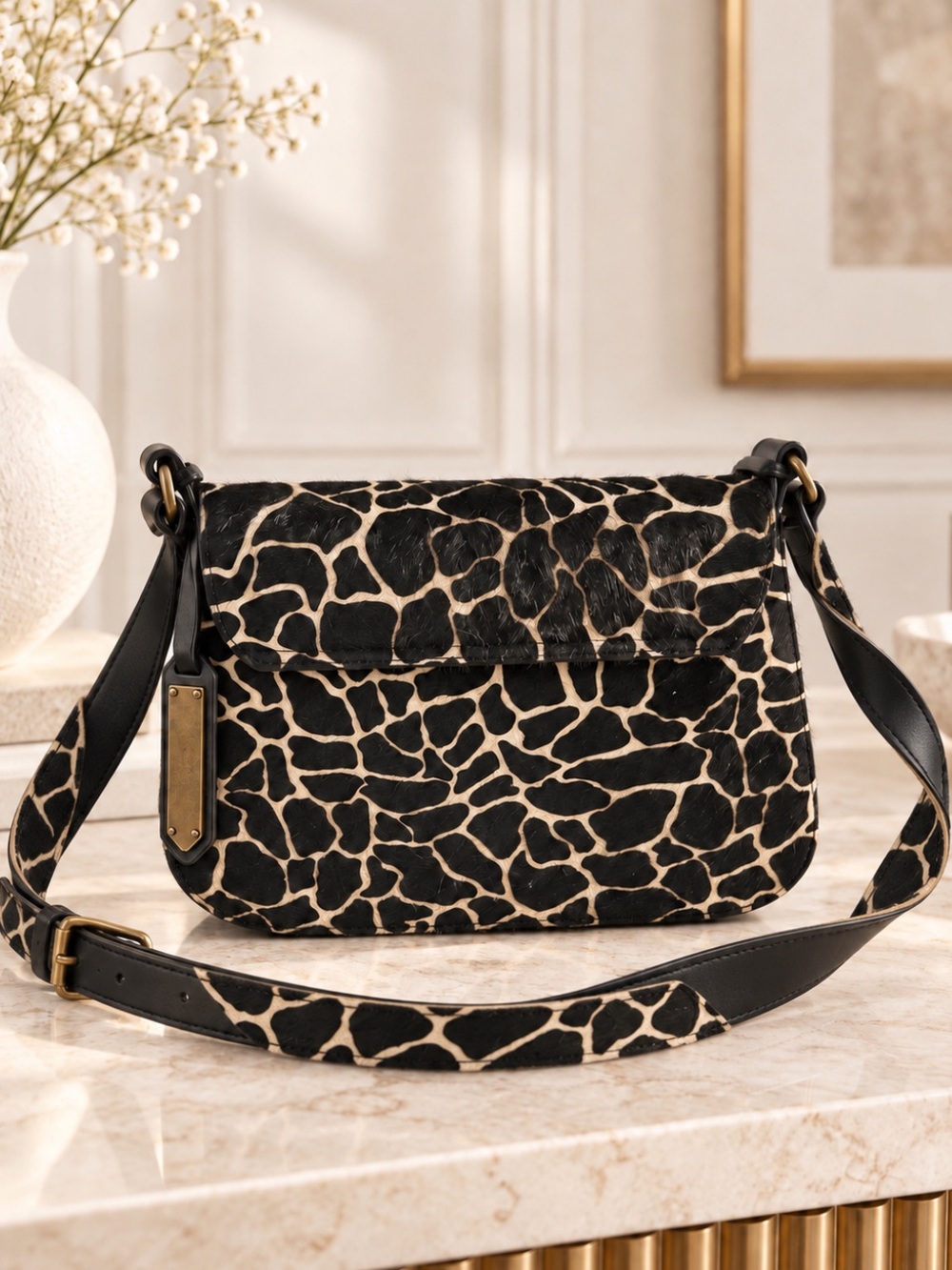 Gorgeous Aldo Black and Cream Leather Giraffe-Print Crossbody Saddle Bag❤️